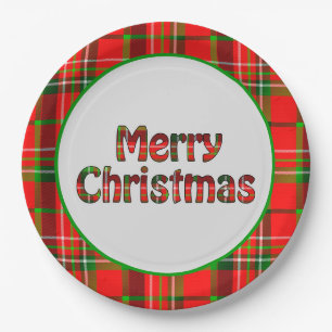 Prato De Papel Feliz Natal Vivid Red Tartan Tipografia