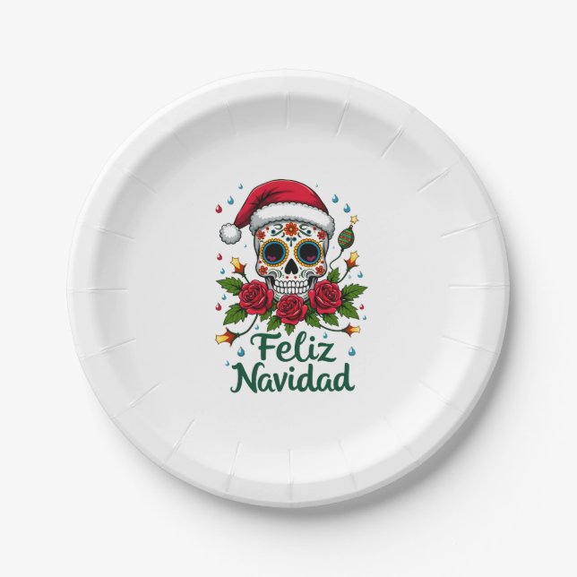 Prato De Papel Feliz Navidad Sugar Skull Mexican Christmas T-Shir (Frente)