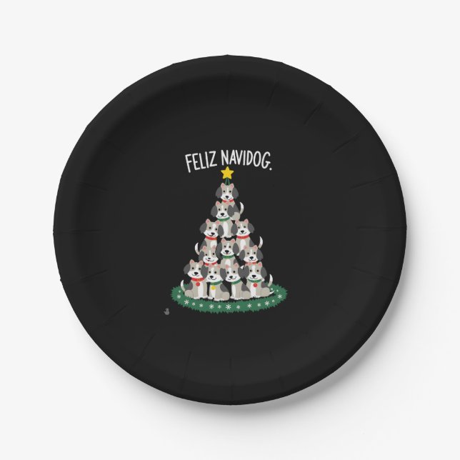 Prato De Papel Feliz Navidog Christmas Dog T-Shirt, Funny Cute Xm (Frente)