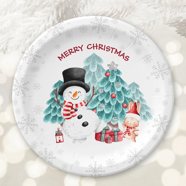 Prato De Papel Feliz Neve Feliz Papo de Natal (Cute Happy Snowman Christmas Party Paper Plates)