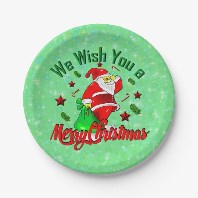 Prato De Papel Feliz Papai noel de Natal com estrelas de saco (Frente)