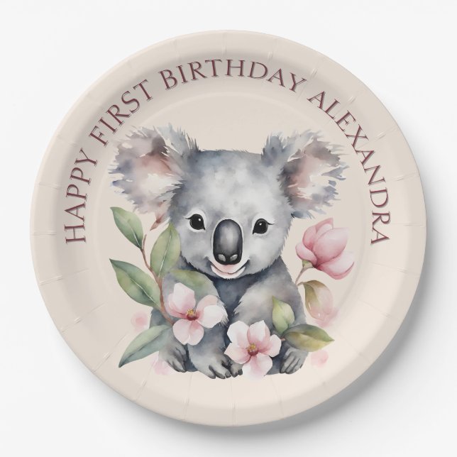 Prato De Papel Feliz Primeiro Aniversário Watercolor Koala (Frente)
