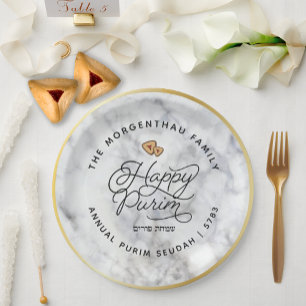 Prato De Papel Feliz Purim Marble e Dourado Script Classic Round 