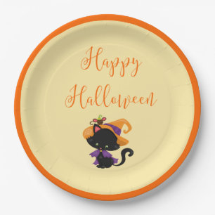 Prato De Papel Feliz Rato de Gato Negro de Bruxas de Halloween no