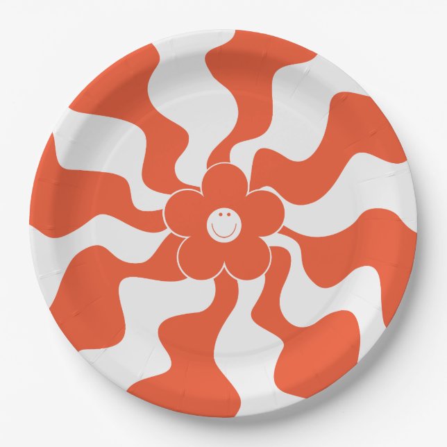Prato De Papel Feliz Retro Daisy em Laranja e Branco (Frente)