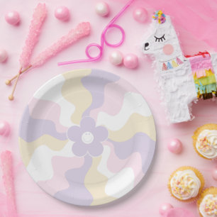 Prato De Papel Feliz Retro Daisy - Pink Pastel, Amarelo e Roxo