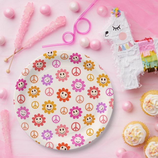 Prato De Papel Feliz Retrô Sorrindo Flores com Sinais de Paz (Festa)