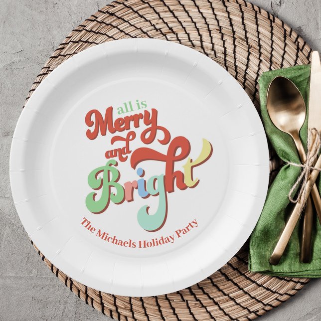 Prato De Papel Feliz retrorativa e Natal personalizado brilhante (Merry and Bright Christmas custom Paper plates. )