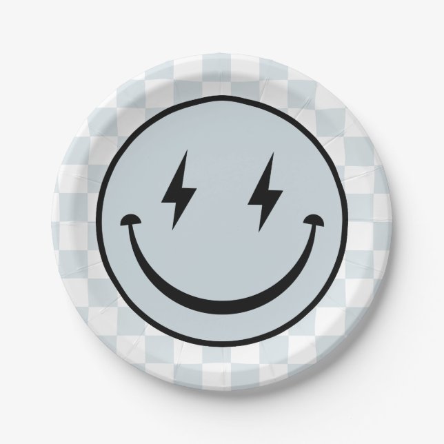 Prato De Papel Feliz Rosto Groovy Blue Boy Birthday (Frente)