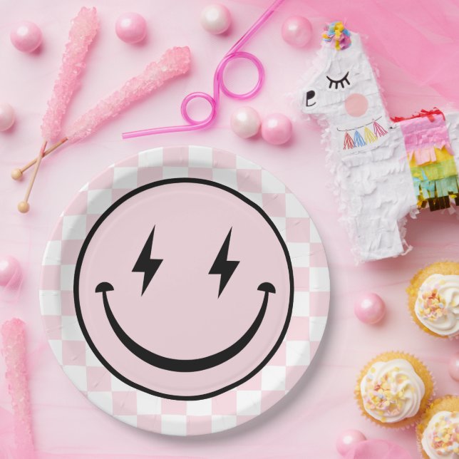 Prato De Papel Feliz Rosto Groovy Pink Girl Aniversário (Festa)