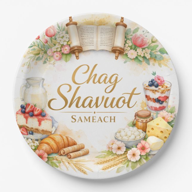Prato De Papel Feliz Shavuot, Chag Shavuot Sameach Aquarela (Frente)