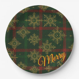 Prato De Papel Feliz Steampunk Snowflake Red e Green Tartan