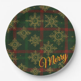 Prato De Papel Feliz Steampunk Snowflake Red e Green Tartan