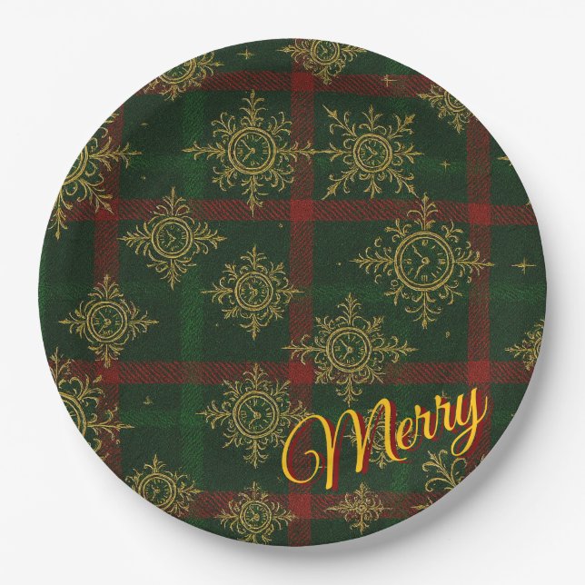Prato De Papel Feliz Steampunk Snowflake Red e Green Tartan (Frente)