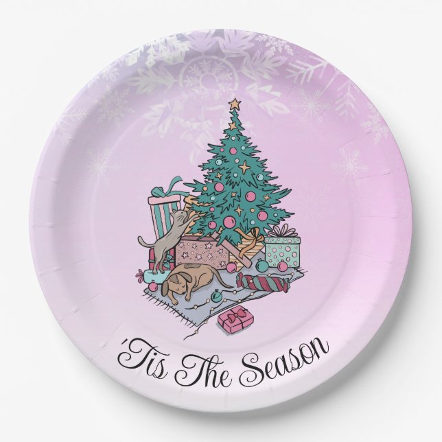 Prato De Papel Feliz Tudo Rosa Árvore de Natal Gato e Cão (Frente)