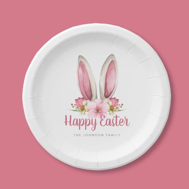 Prato De Papel Felz pascoa de Orelhas Florais Rosa Bonitas (Cute Pink Floral Bunny Ears Happy Easter Paper Plates)
