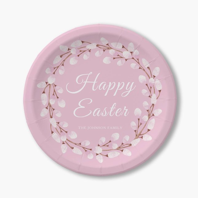 Prato De Papel Felz pascoa Selvagem Rosa Elegante (Elegant Pink Pussy Willow Happy Easter Paper Plates)