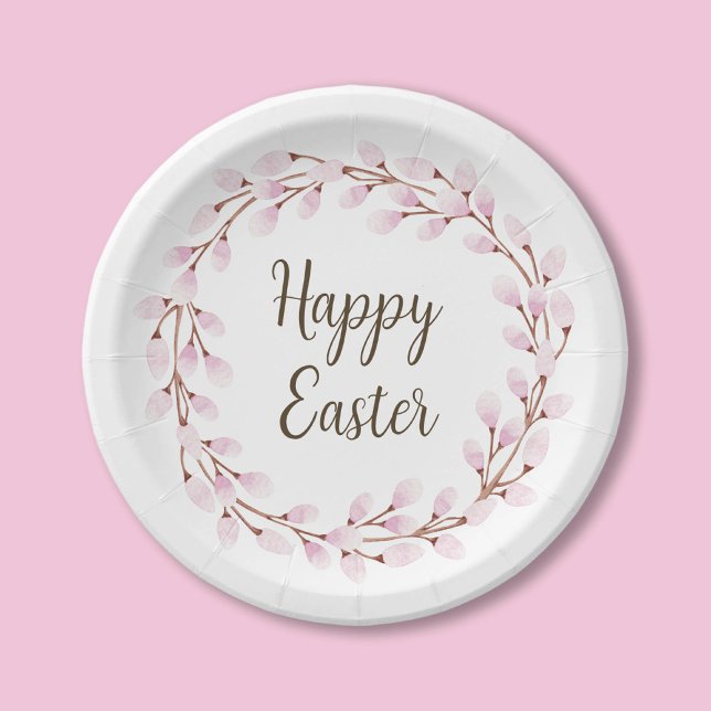 Prato De Papel Felz pascoa Selvagem Rosa Elegante (Elegant Pink Pussy Willow Happy Easter Paper Plates)