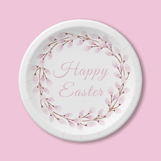 Prato De Papel Felz pascoa Selvagem Rosa Elegante (Elegant Pink Pussy Willow Happy Easter Paper Plates)