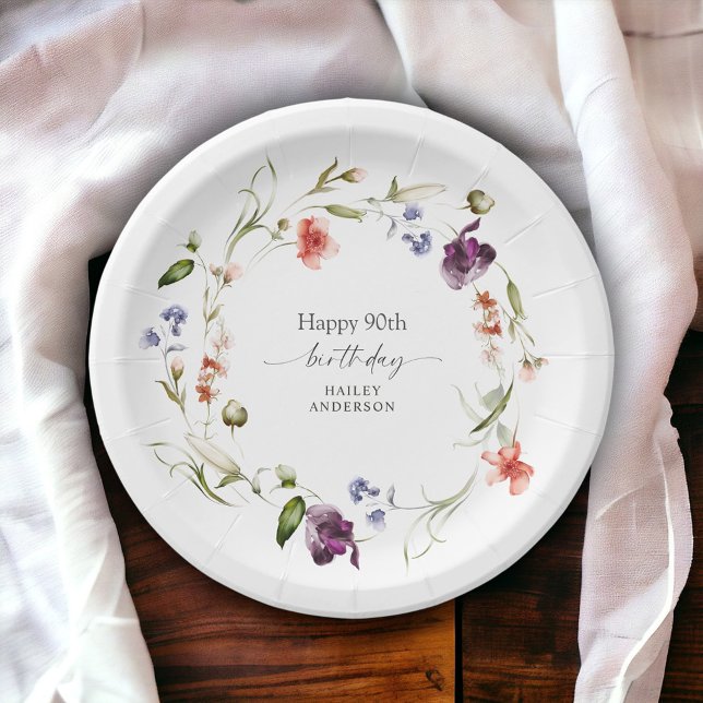 Prato De Papel Feminine Floral Wreath Happy 90 Birthday (Available in 2 sizes; 7-inch diameter and 9-inch diameter)