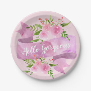 Prato De Papel Feminino Bonito Chic Floral Bege Rosa Olá Magnífic