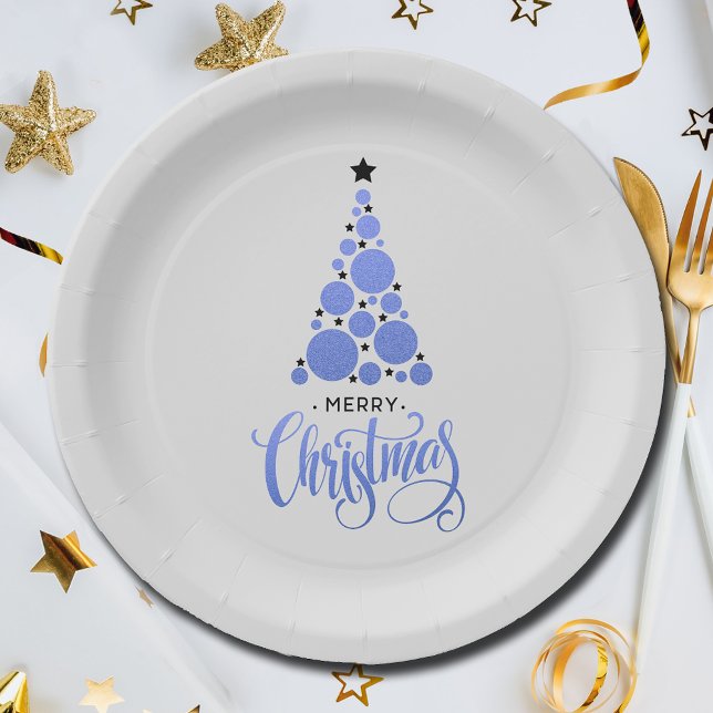 Prato De Papel Feriado de Árvore de Natal Azul Moderno (Modern Blue Christmas Tree Holiday Paper Plates)