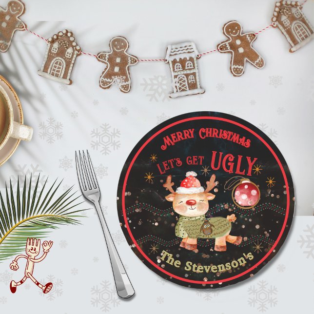 Prato De Papel Feriado de cervejas e corujas feias (Ugly Sweater Deer & Owl Holiday Paper Plates (Front))