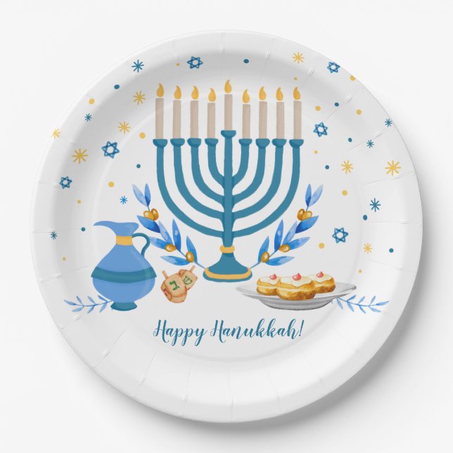 Prato De Papel Feriado de Hanukkah com Aquarela (Frente)