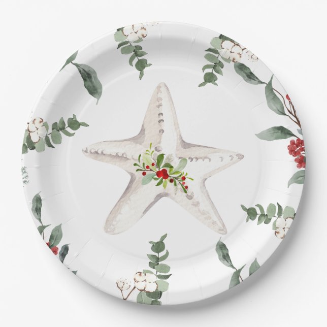 Prato De Papel Feriado de Natal em Praia White Starfish (Frente)