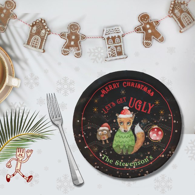 Prato De Papel Feriado de Raposa e Coruja (Ugly Sweater Fox & Owl Holiday Paper Plates)