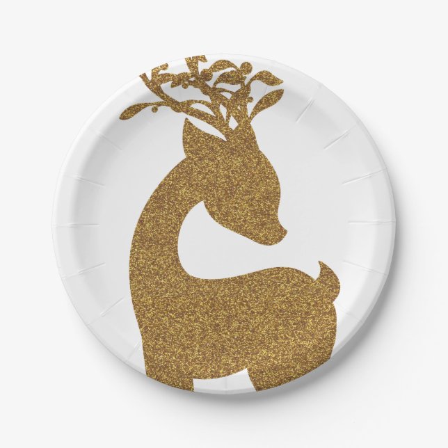 Prato De Papel Feriado Dourado Glitter de natal Reindeer (Frente)