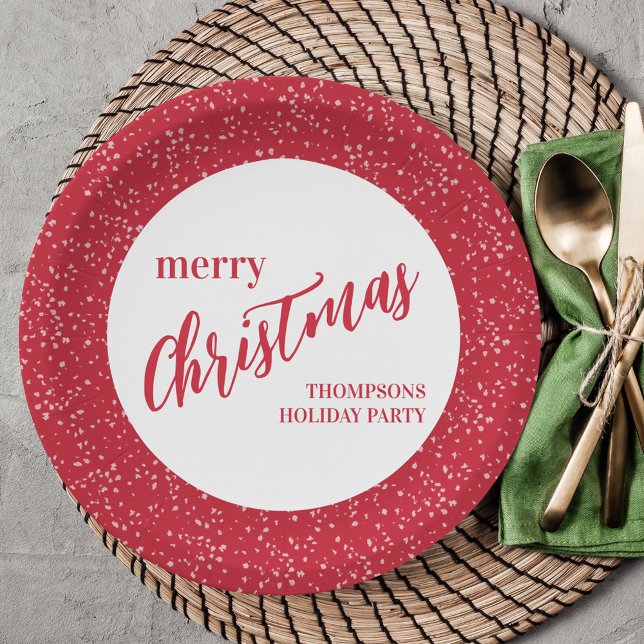 Prato De Papel Feriado Feliz Natal Feriado Vermelho Festivo (Simple Merry Christmas cute red and white calligraphy script paper plate)