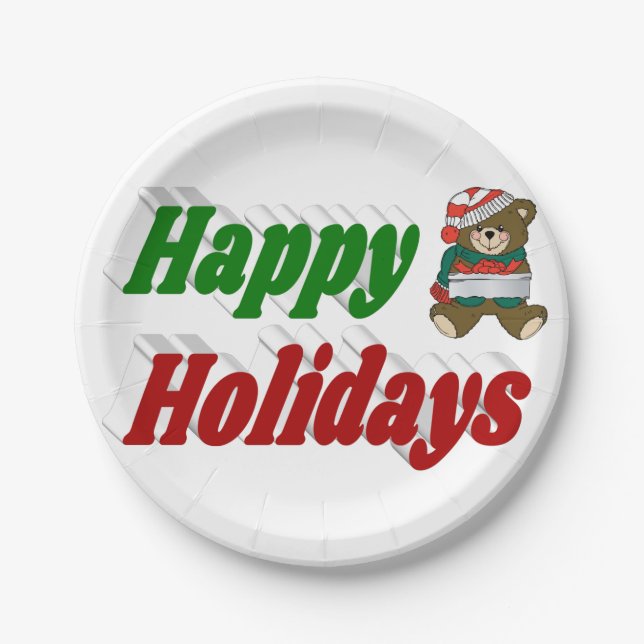 Prato De Papel Feriados felizes - Teddy Bear - Natal (Frente)