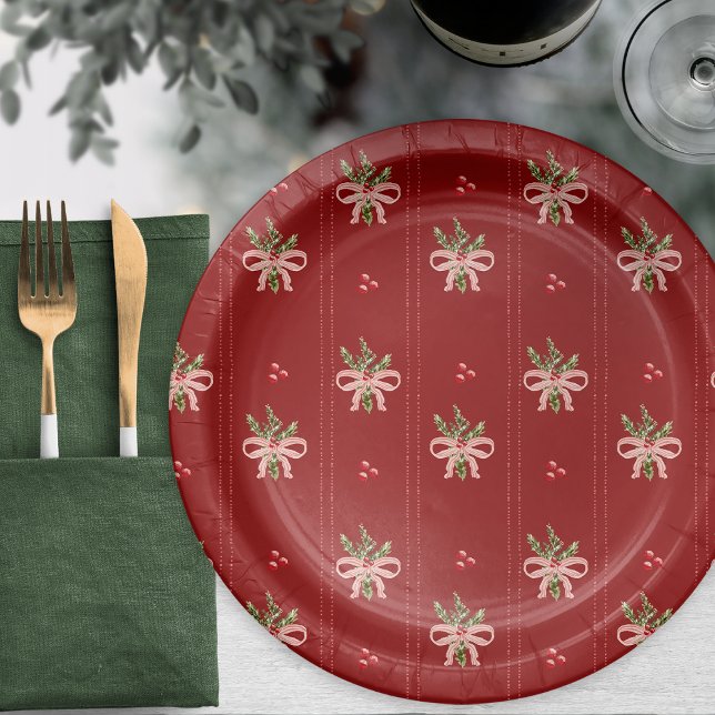 Prato De Papel Férias Botânicas Rústicas (Rustic Red Botanical Bows Christmas Paper Plates | Holiday Table Décor by Painted Paperie)