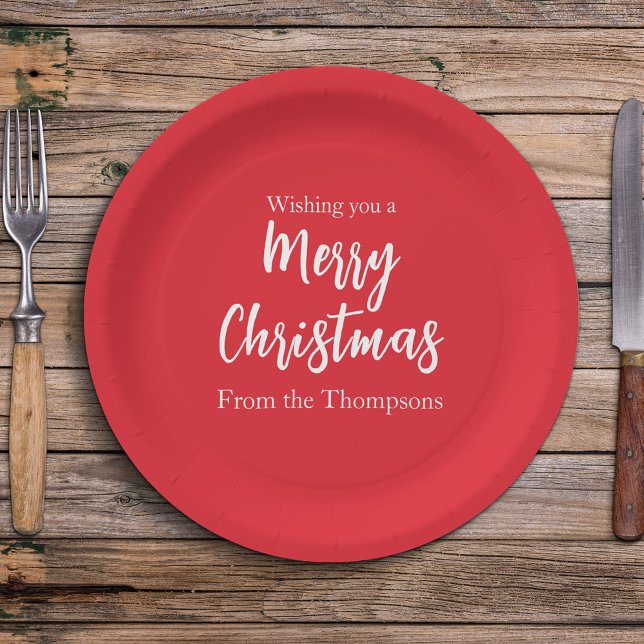 Prato De Papel Férias de Natal - Simples Festa Vermelha Minimalis (Simple Merry Christmas cute red and white calligraphy script paper plate)