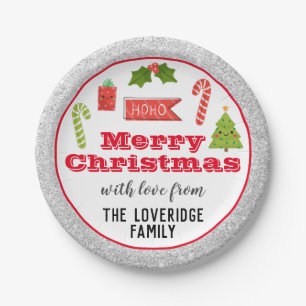 Prato De Papel Férias Festivas Feliz Natal Red Silver Glitter
