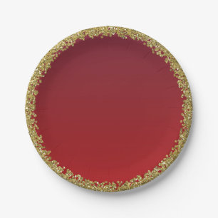 Prato De Papel Festa Brilho Dourado Mergulhado em Vermelho Glam