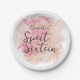 Prato De Papel Festa Chic Pink e Dourada Watercolor Sweet 16