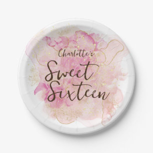 Prato De Papel Festa Chic Pink e Dourada Watercolor Sweet 16