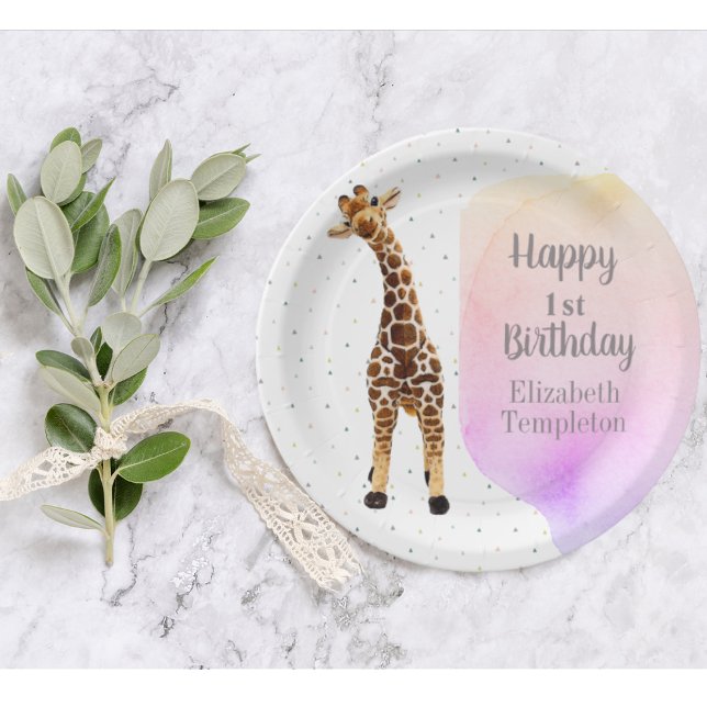 Prato De Papel Festa Cura Safari Festa Amarelo Selvagem de primei (Cute giraffe First Birthday watercolor paper plate)