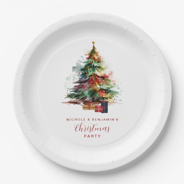 Prato De Papel Festa da Árvore de Natal em Aquarela (Frente)