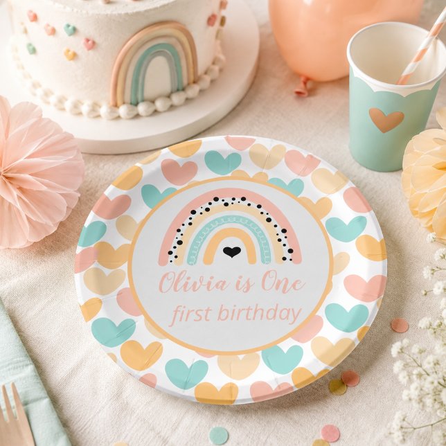 Prato De Papel Festa de 1º Aniversário Arco-íris & Corações (Rainbow & Hearts 1st Birthday Party Paper Plates)