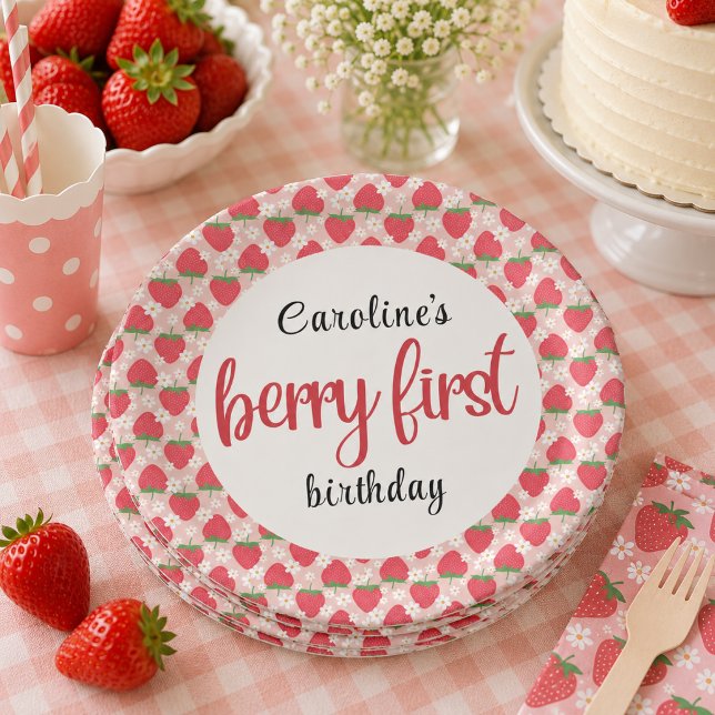 Prato De Papel Festa de 1º Aniversário Berry Sweet Morango (Berry Sweet Strawberry 1st Birthday Party Paper Plates)