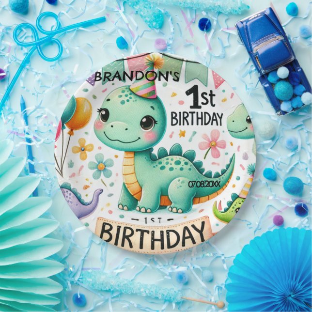 Prato De Papel Festa de 1º Aniversário do Dinossauro Dino (Festa)