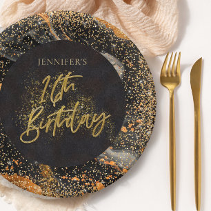 Prato De Papel Festa de 16 Anos com Brilho Preto e Dourado Elegan