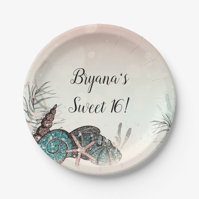 Prato De Papel Festa de 16 Anos Rosa sob as Conchas na Praia (Frente)