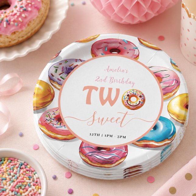Prato De Papel Festa de 2 anos Two Sweet Donuts (Two Sweet Donuts 2nd Birthday party Paper Plates)