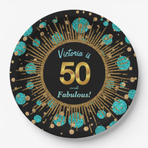 Prato De Papel Festa de 50 anos da mulher azul turquesa dourado