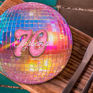 Prato De Papel Festa de 70 Anos Bola de Discoteca Brilho Dourado 