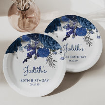 Festa de 80 Anos Navy Azul Floral Prata